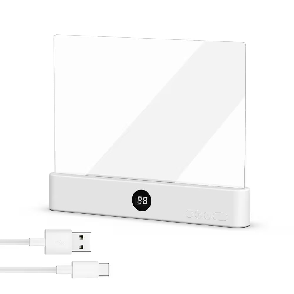 White electronic device with digital display and USB cable on a white background
