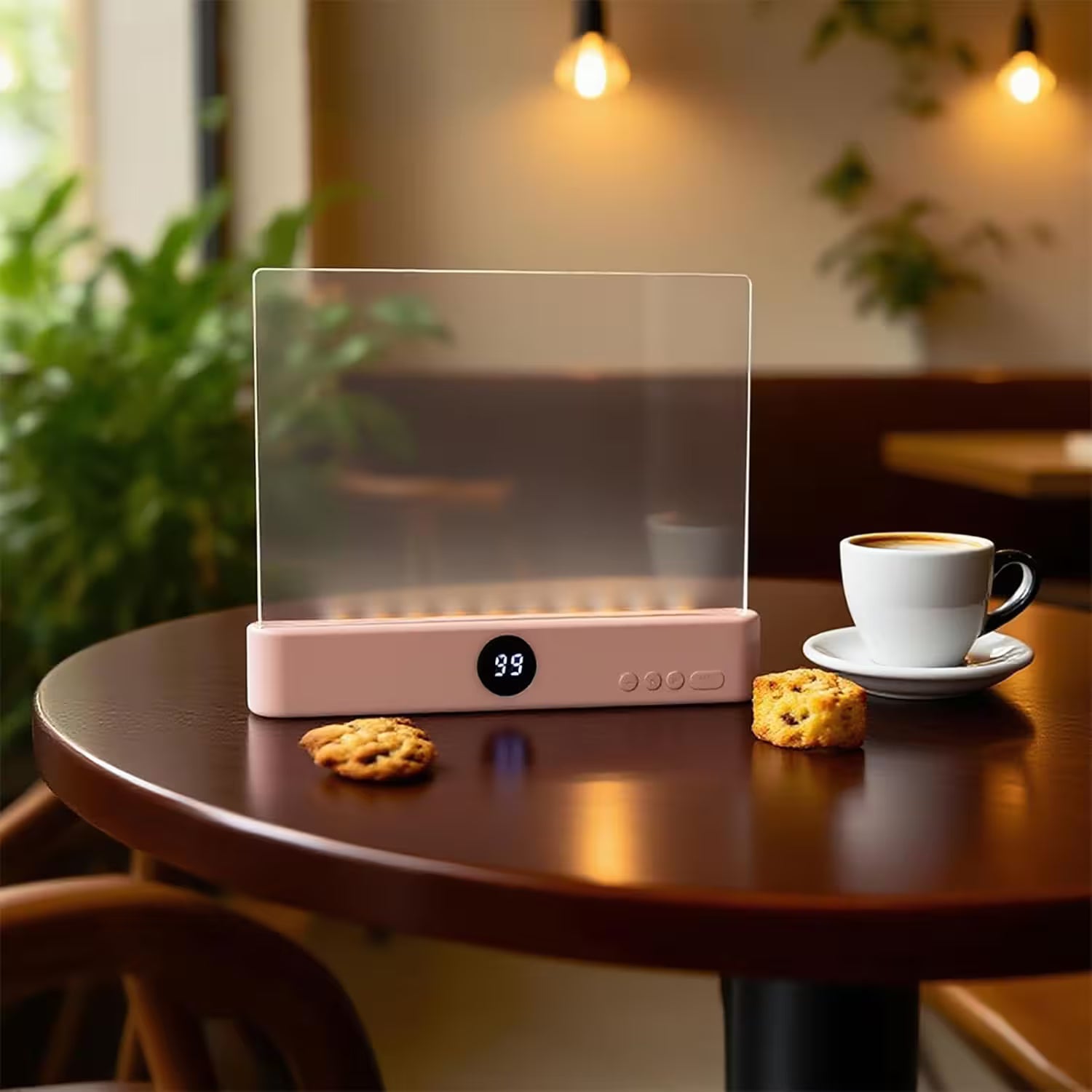 Transparent electronic device on a table with cookies and a cup of coffee in a cozy indoor setting.