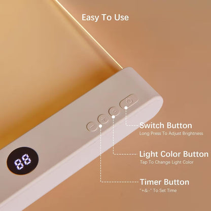Control panel of a light fixture with labeled buttons on a beige background