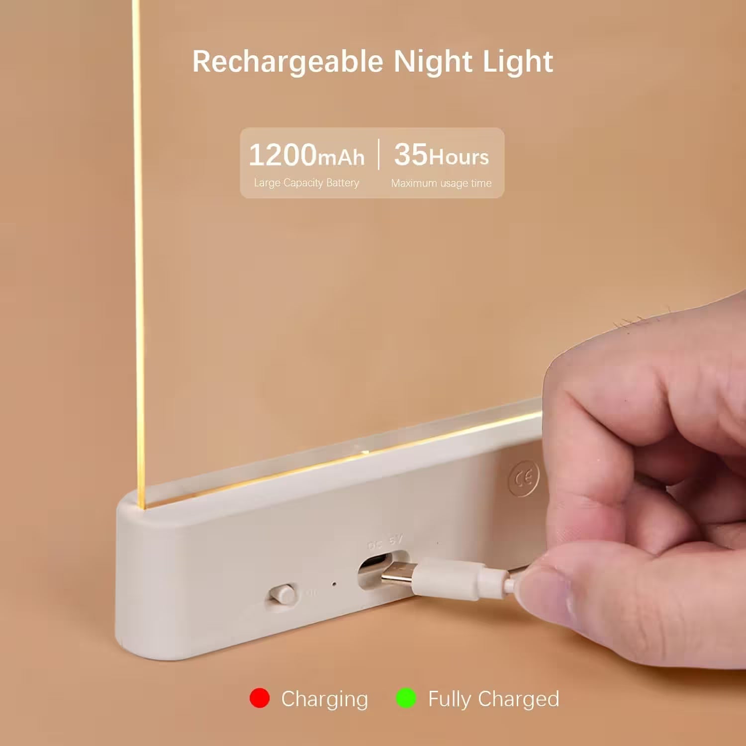 Rechargeable night light being plugged in with charging indicator on a beige background
