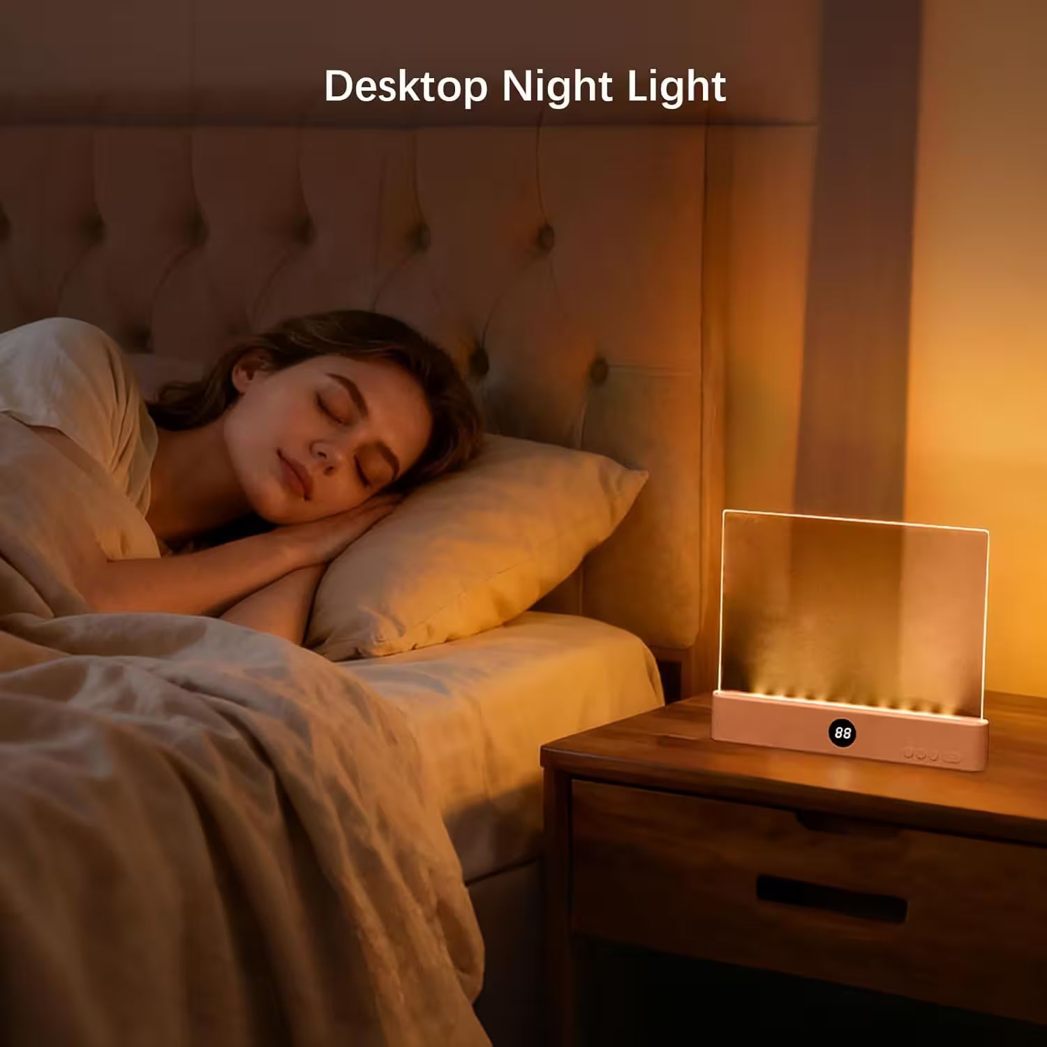 Woman sleeping in bed with a desk night light on a wooden nightstand.