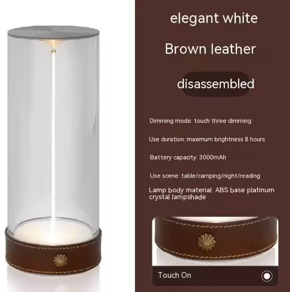 Elegant white and brown leather lamp with product details on a white background
