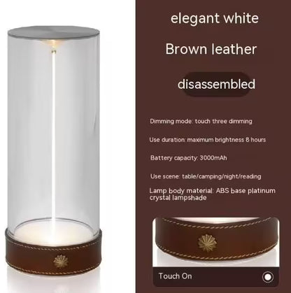 Elegant white and brown leather lamp with product details on a white background
