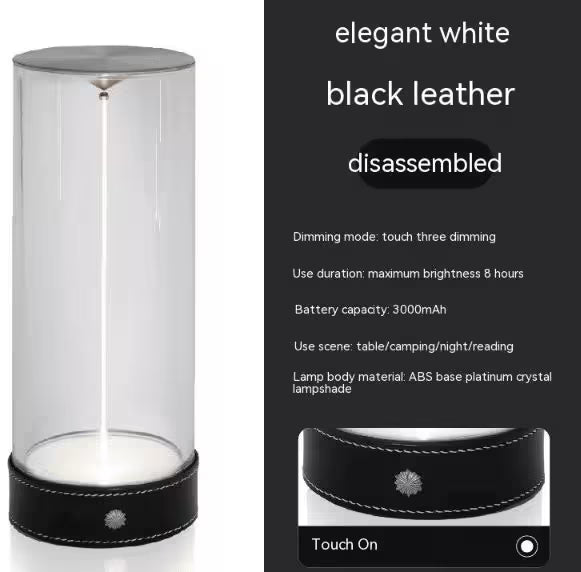 Black leather lamp with white interior in a clear cylindrical packaging, accompanied by product details on a black background.