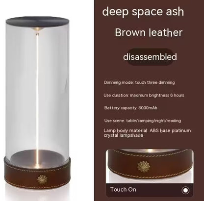 Brown leather lamp with specifications on a white background