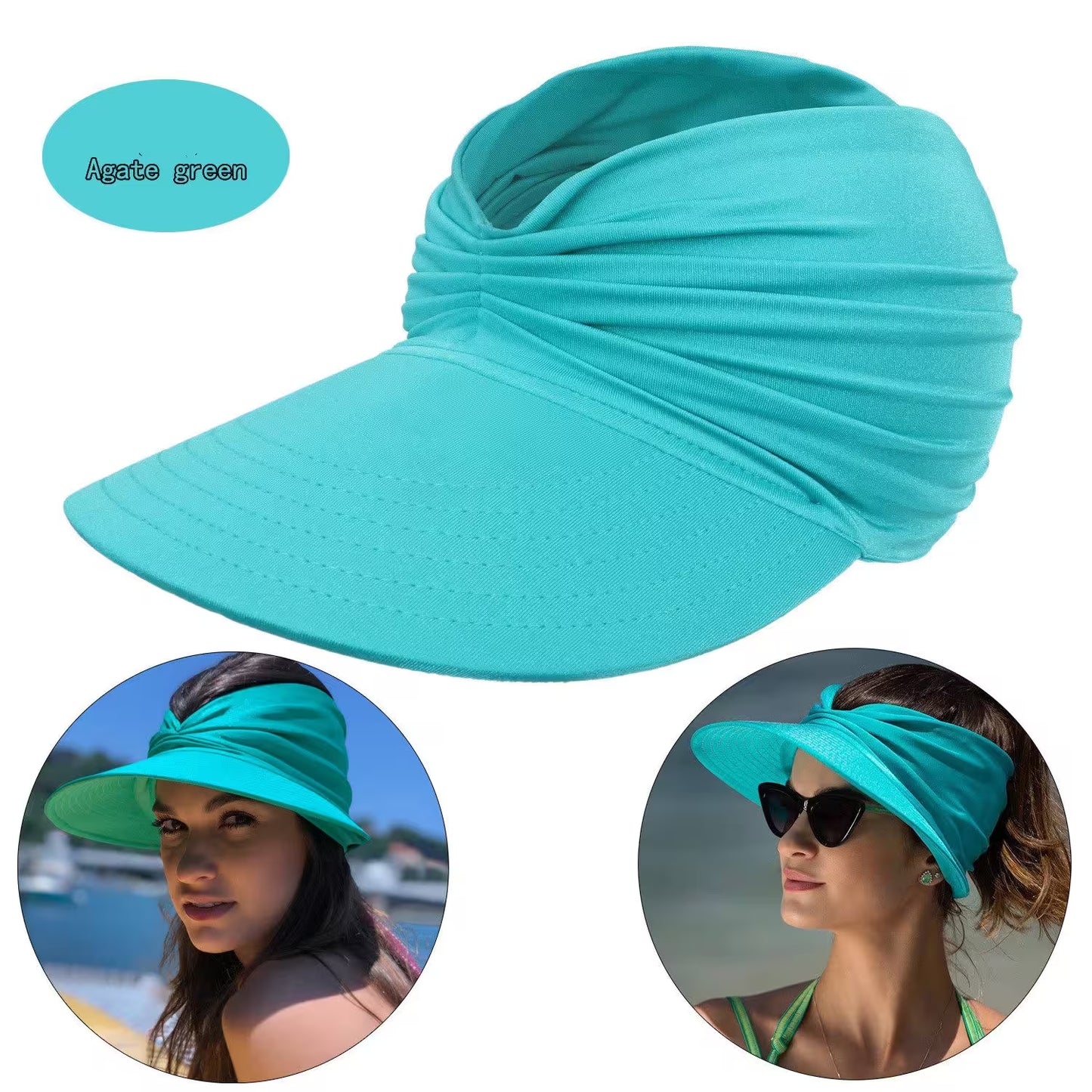 Turquoise sun visor hat with two inset images of a woman wearing it.