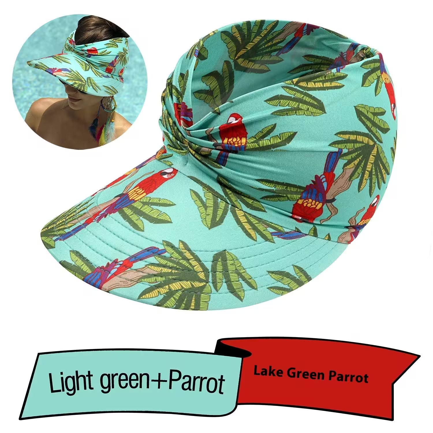 Colorful bucket hat with parrot design on a light green background