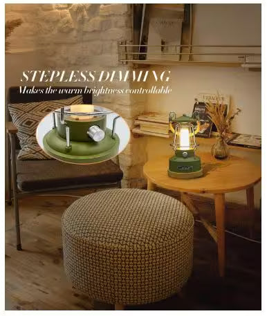 Lantern-style lamp on a table with 'Stepless Dimming' text in a cozy room.