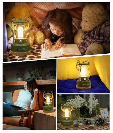 Collage of a child reading under a lantern, a woman sitting with a lantern, and a lantern on a table.