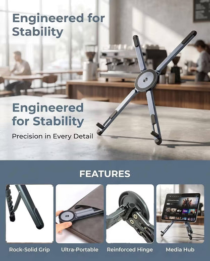 Product advertisement for a stand with stability features, shown in an office setting.