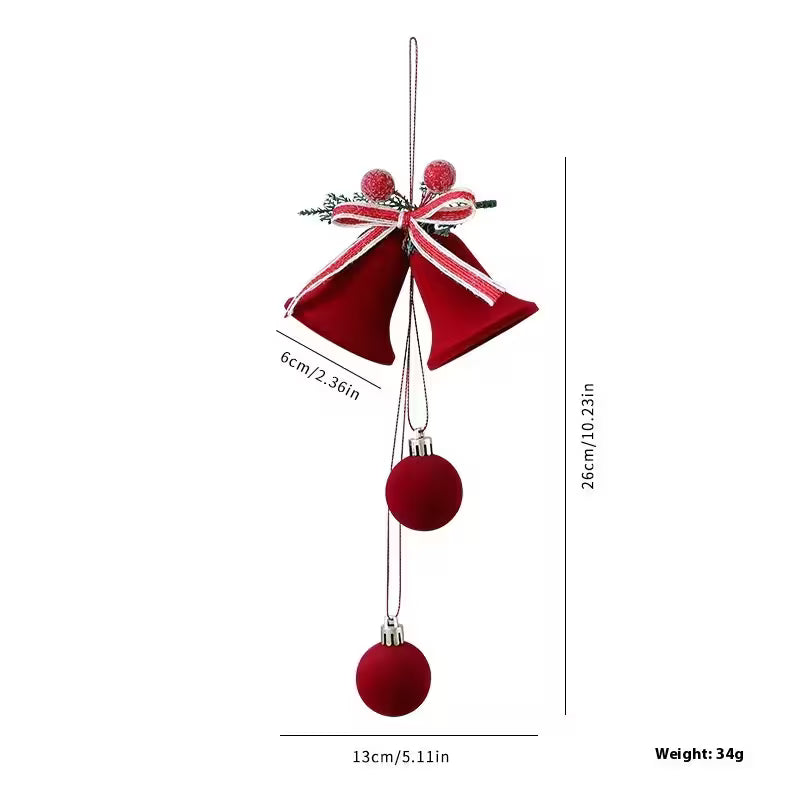 Red bell-shaped ornament with a bow and pom-poms, shown with measurements on a white background.