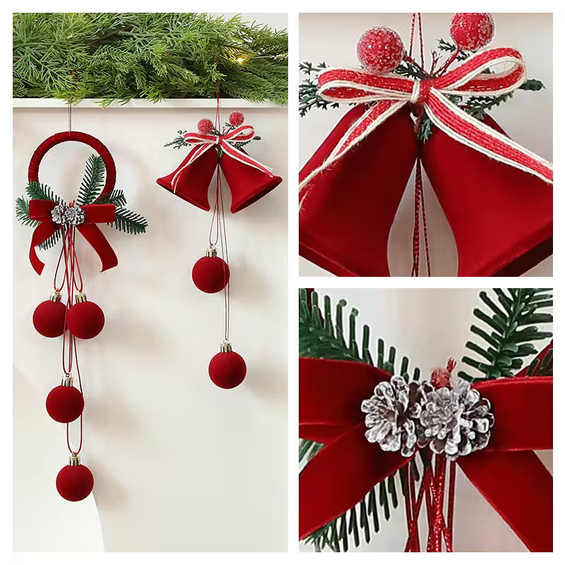 Collage of Christmas decorations including red bows and ornaments.