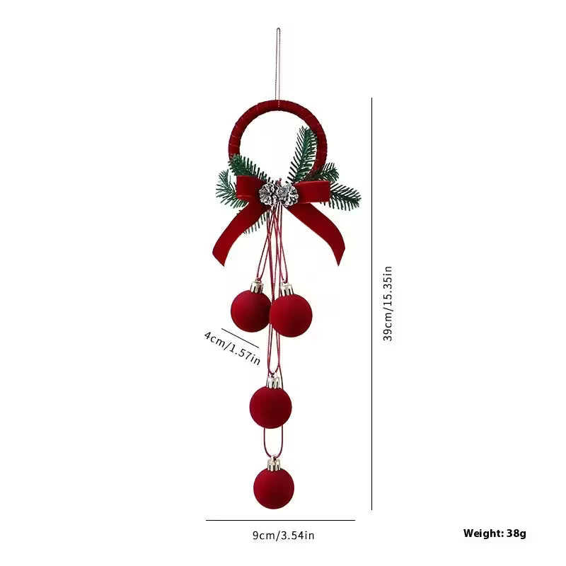 Decorative hanging ornament with red balls and a bow, featuring measurements and weight on a white background.