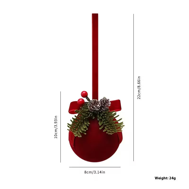 Red decorative item with greenery and measurements on a white background