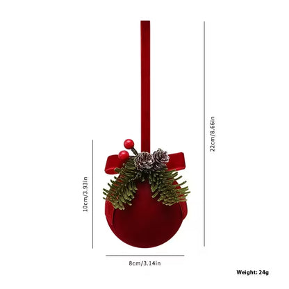 Red decorative item with greenery and measurements on a white background