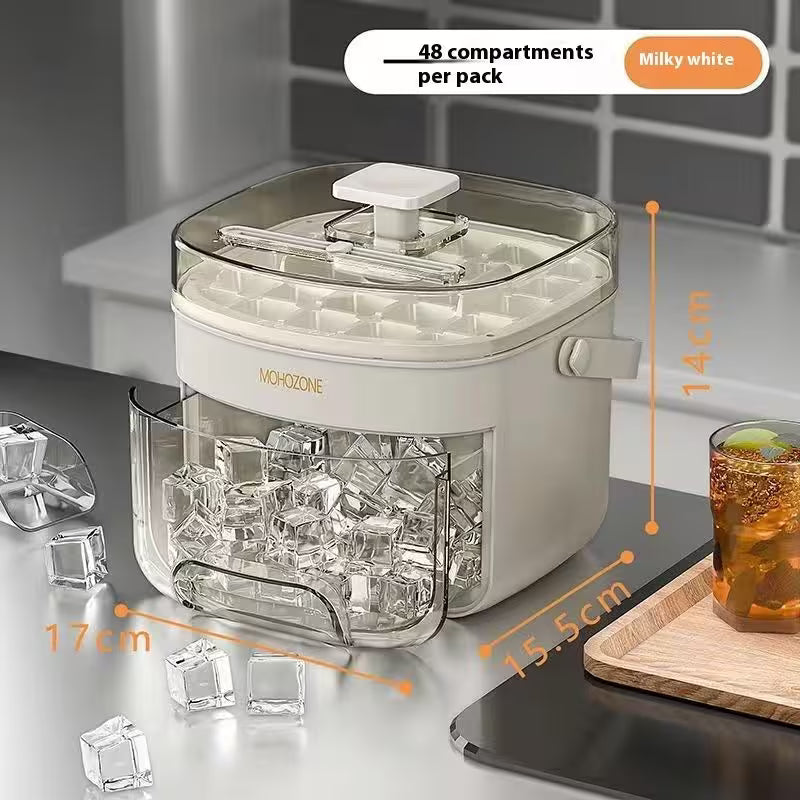 Ice cube maker with ice cubes and measurements on a kitchen counter