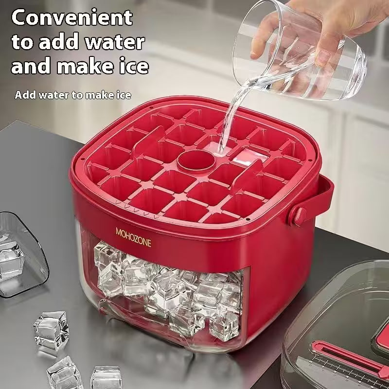 Red ice cube maker with clear cubes and text indicating convenience of use
