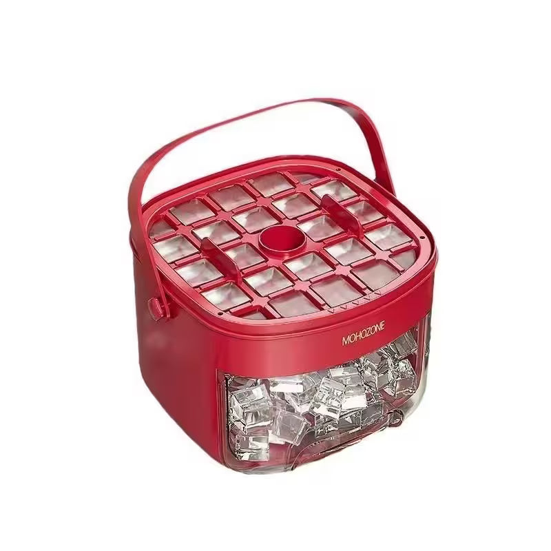 Red ice cube maker with clear cubes on a white background