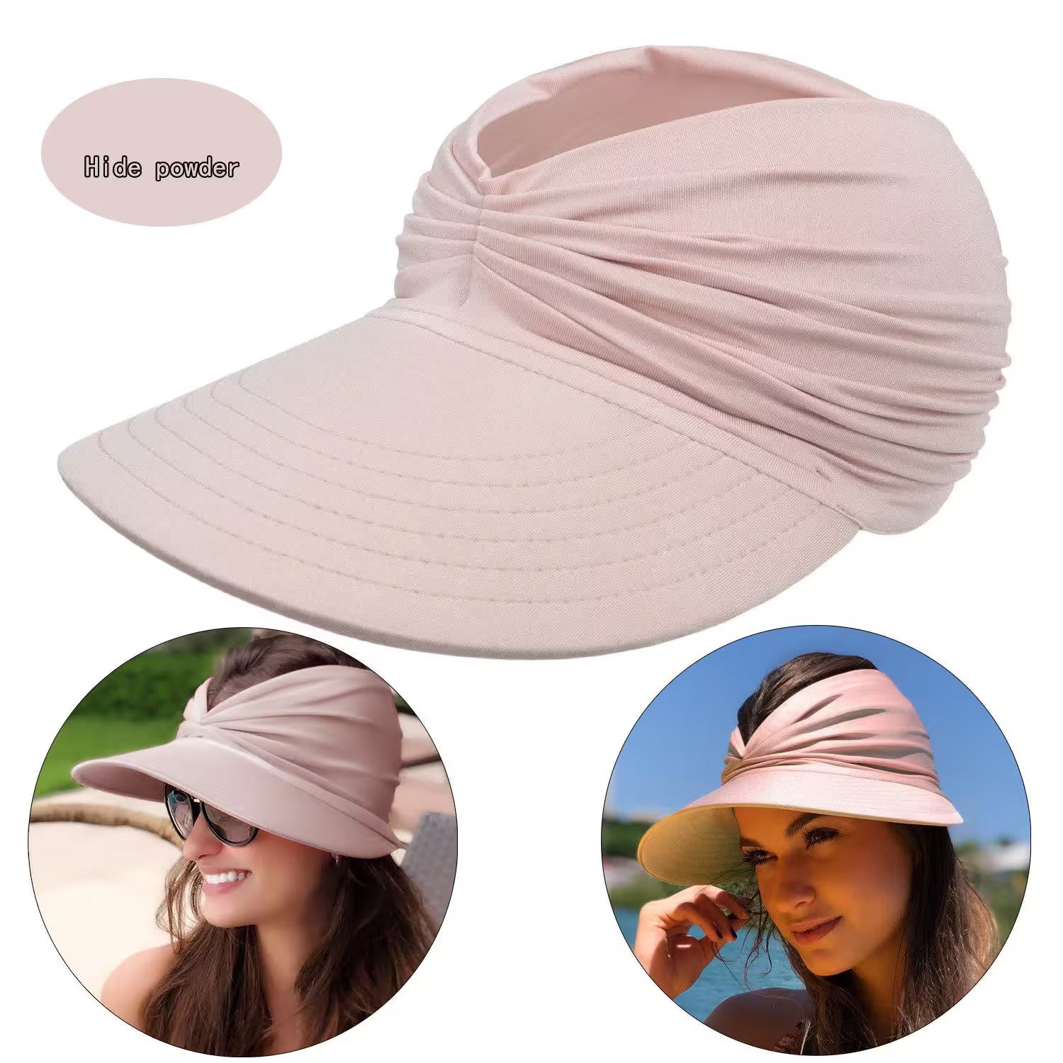 Pink visor cap with two inset images of people wearing it.