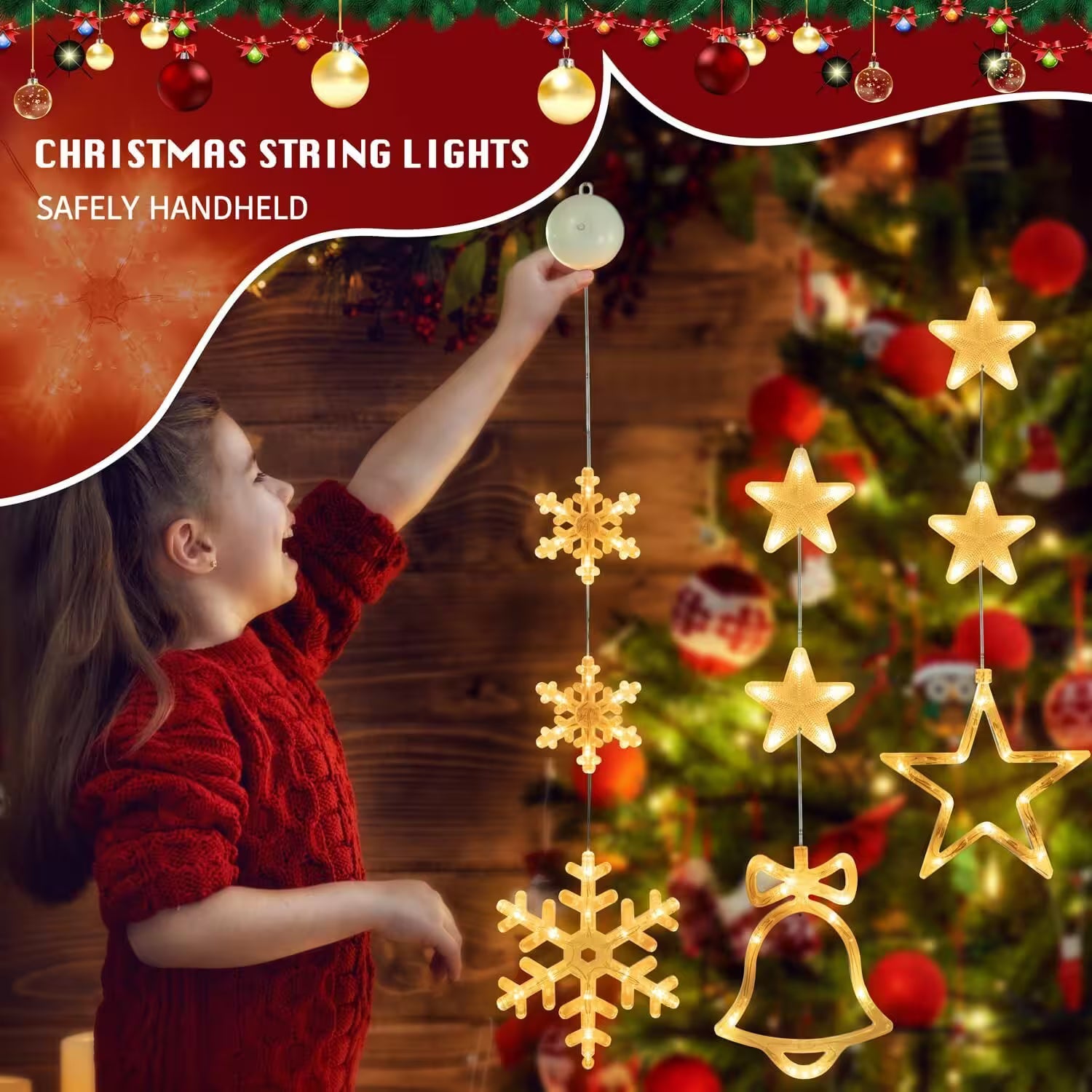 Child in red sweater holding Christmas string lights with tree in background