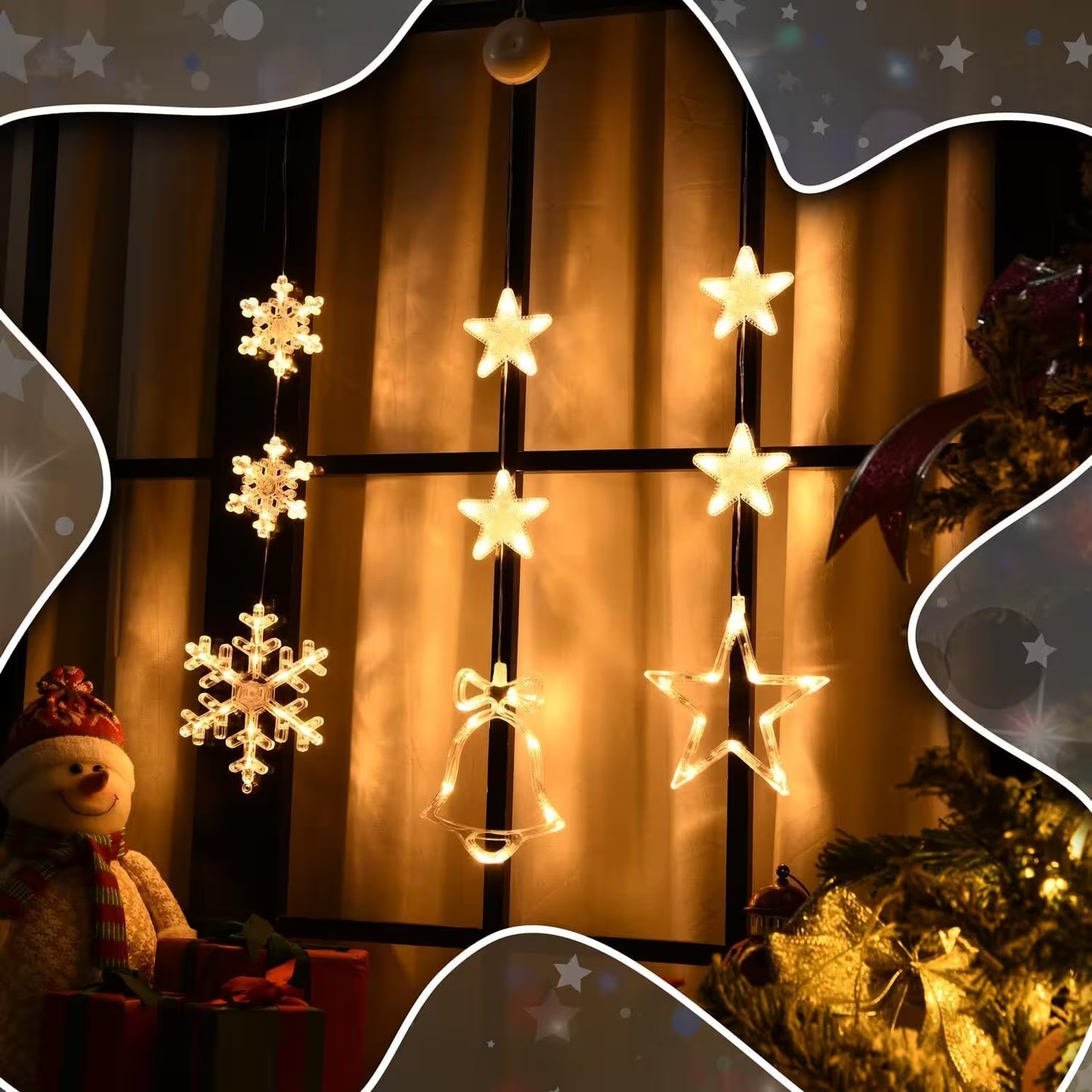 Decorative string lights shaped like stars and snowflakes hanging on a window with festive decorations.
