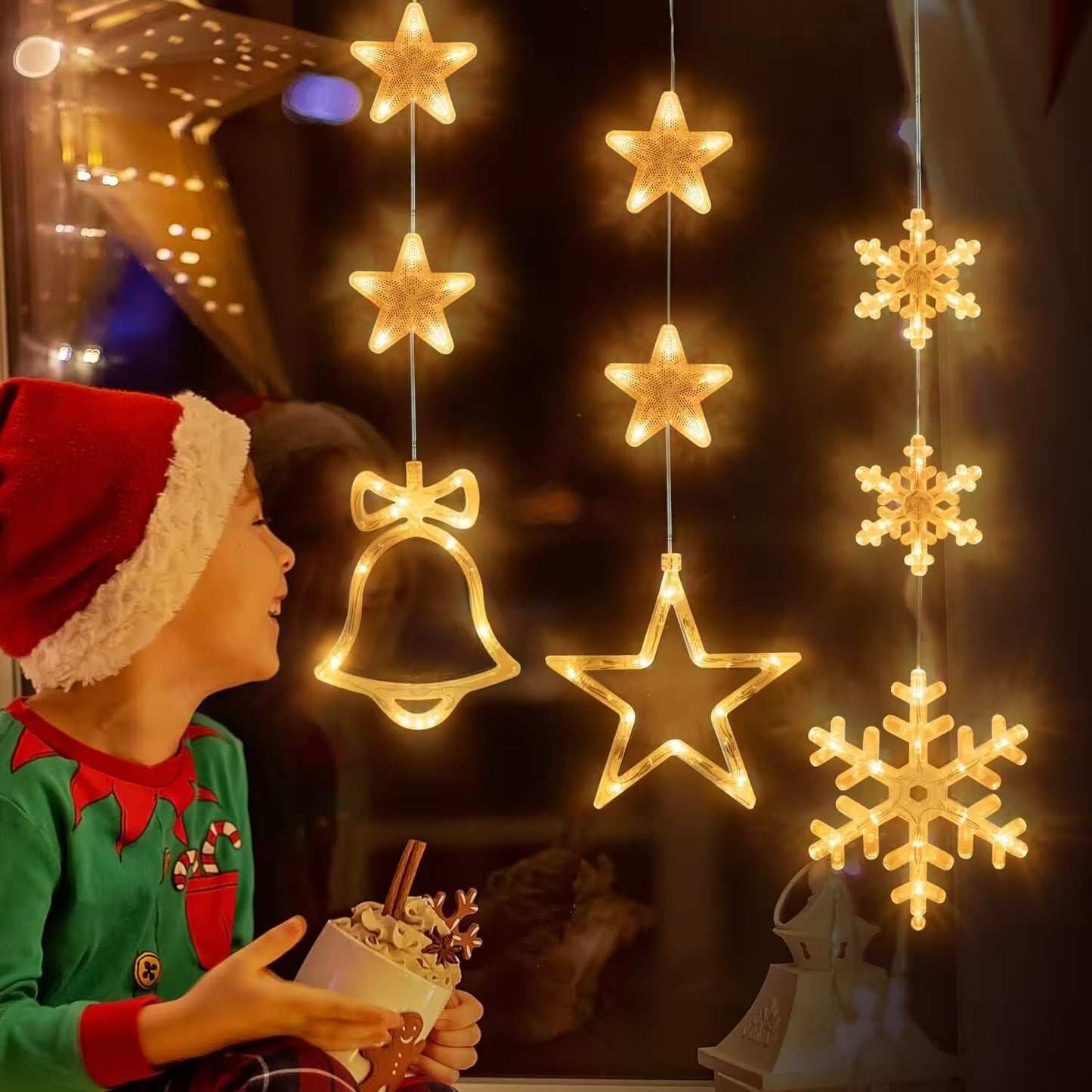Person in elf costume looking at Christmas lights on a window