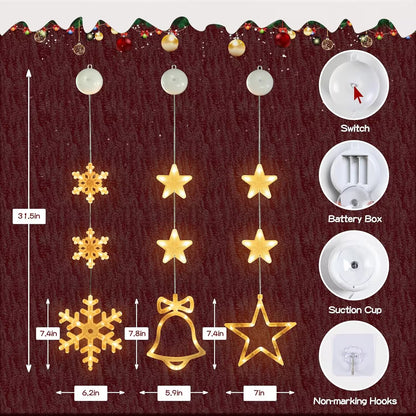 Decorative string lights with stars, snowflakes, and bells on a dark background with measurements and component labels.