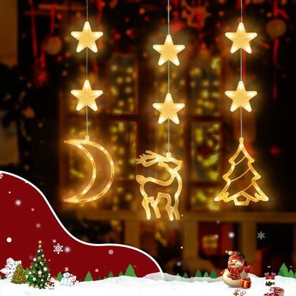 Decorative string lights shaped like stars, moon, reindeer, and tree with a festive background.