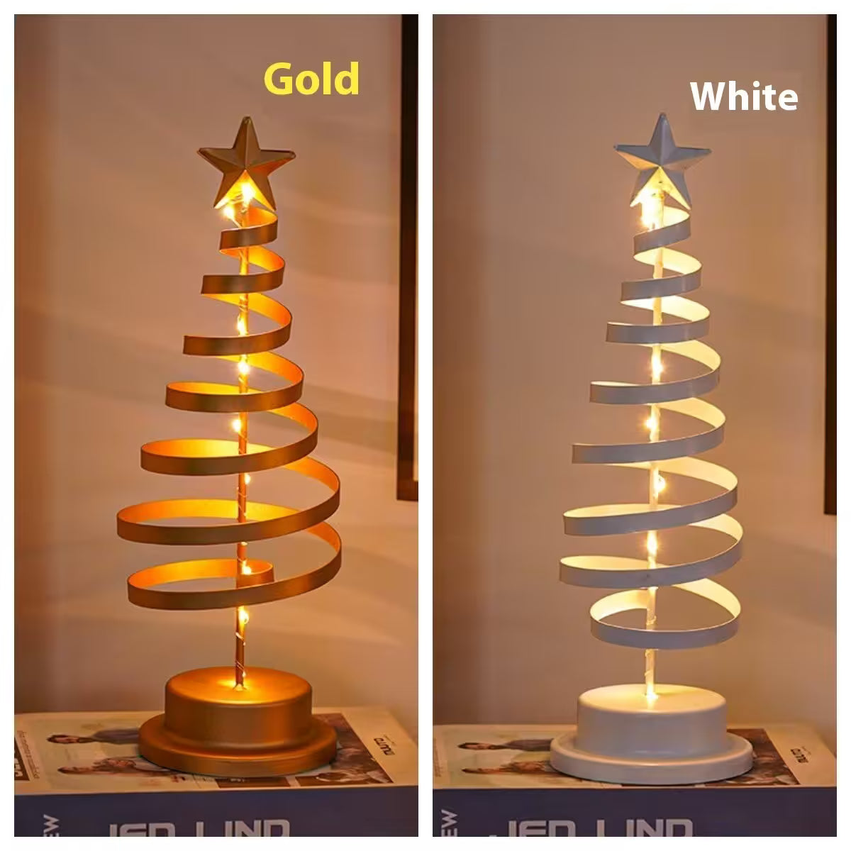 Two spiral table lamps, one gold and one white, on a neutral background.