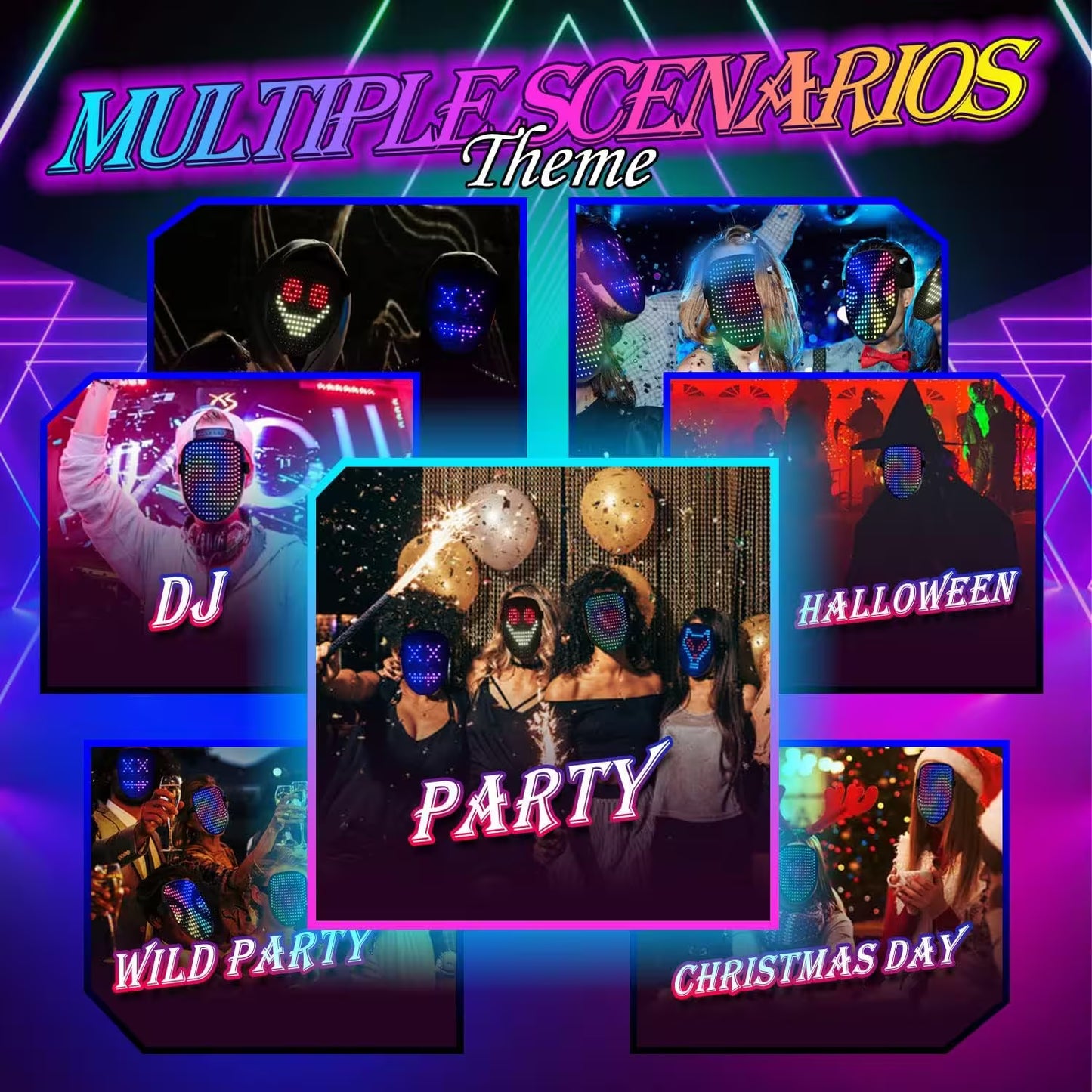 Collage of themed images with text indicating different scenarios like Halloween, Christmas Day, and Wild Party.