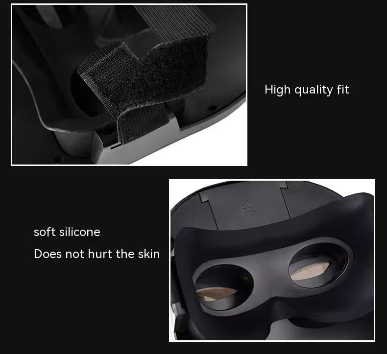 Black VR headset with text highlighting 'High quality fit' and 'soft silicone'.