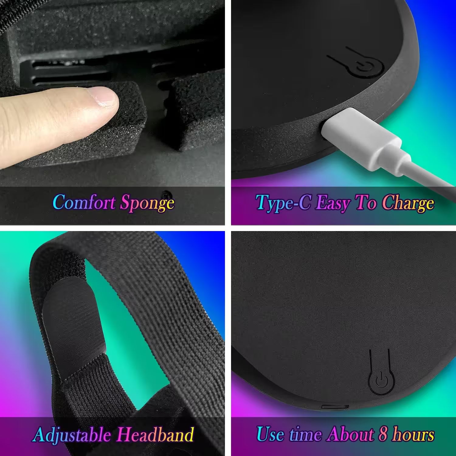Collage of a black headband with comfort sponge, Type-C charging, adjustable headband, and usage time information.