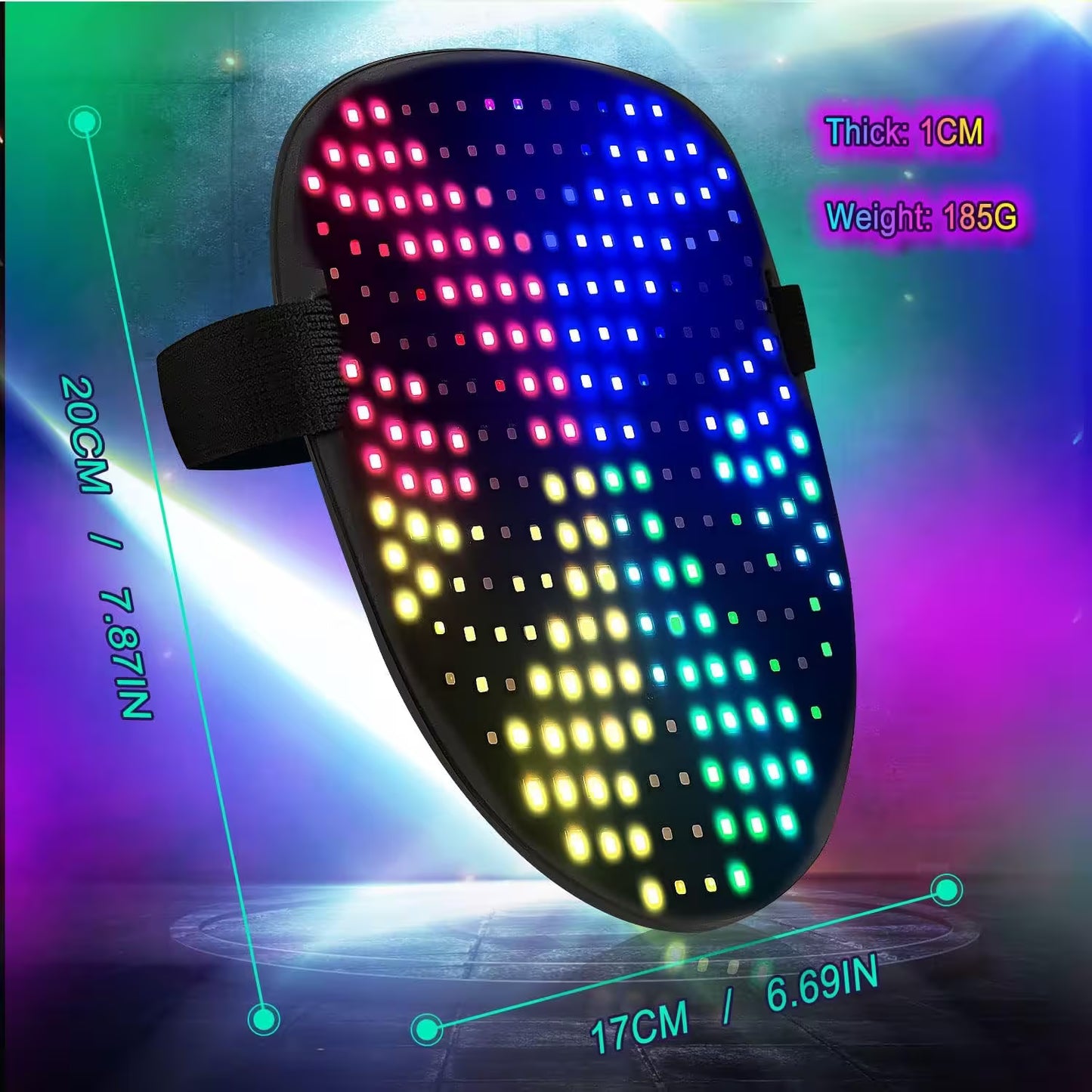 LED mask with colorful display on a vibrant gradient background