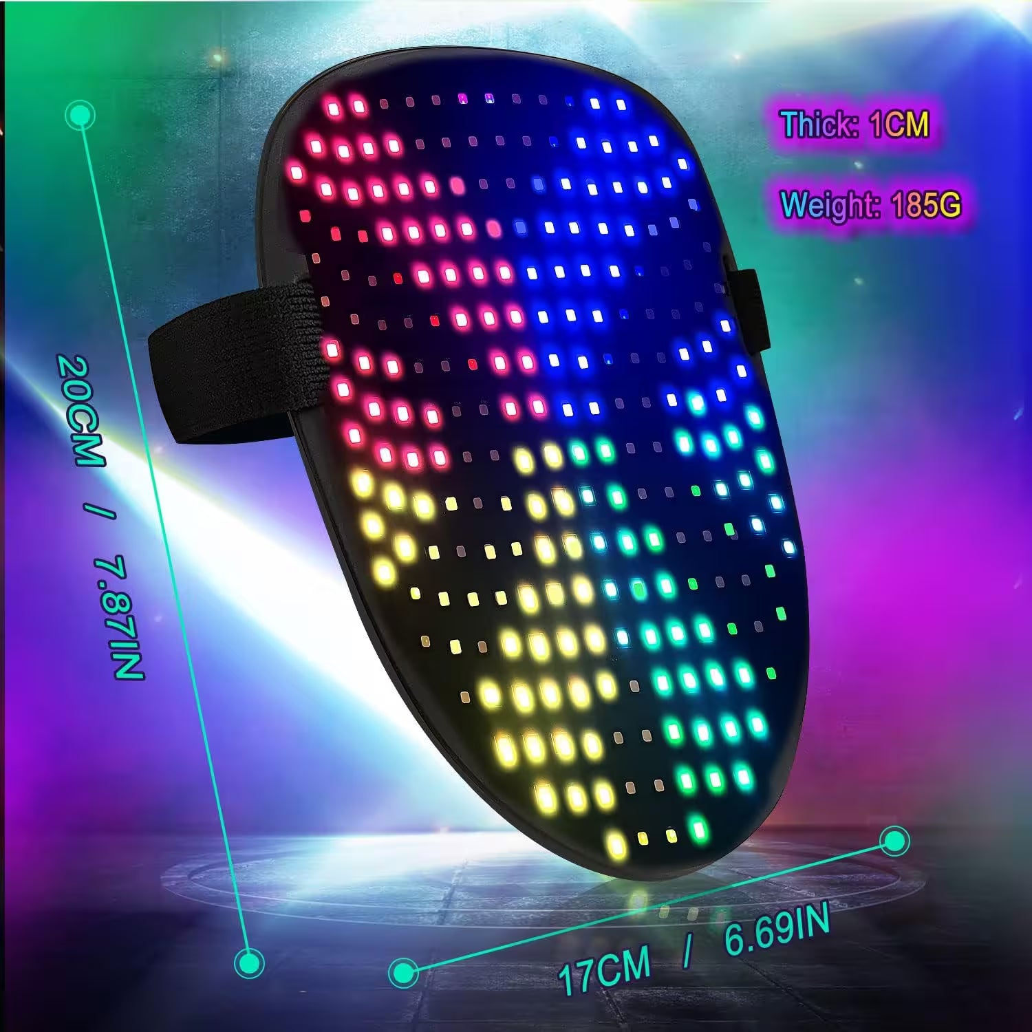 LED mask with colorful display on a vibrant gradient background