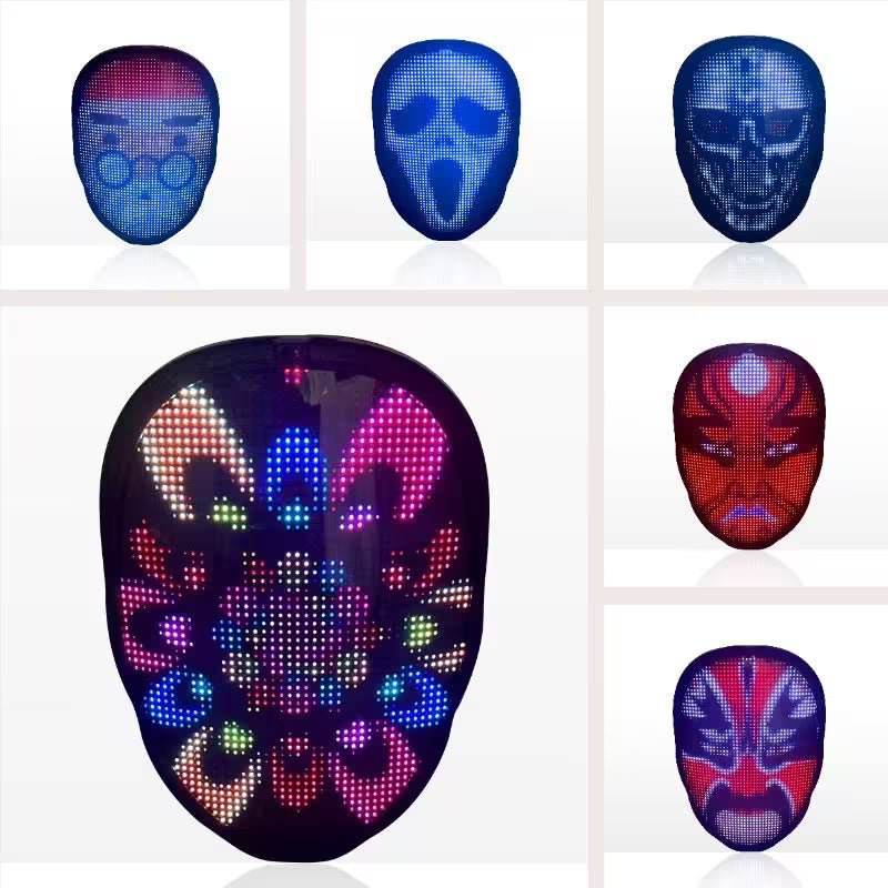 Collection of LED masks in various designs on a white background