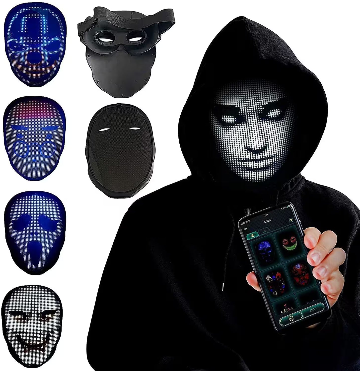 Person wearing a black LED mask with smartphone displaying mask options on a white background
