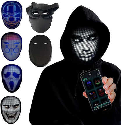 Person wearing a black LED mask with smartphone displaying mask options on a white background