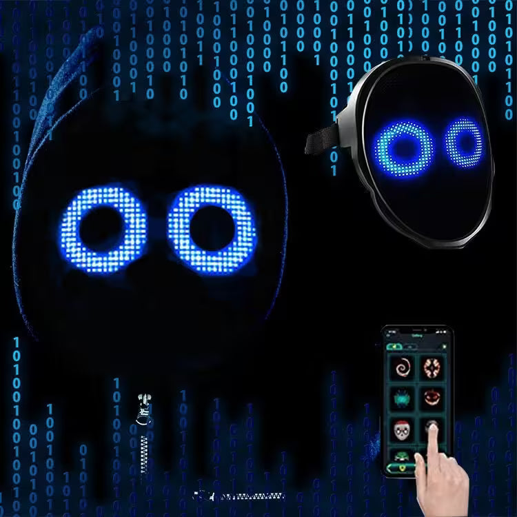 Digital mask with LED lights and a smartphone app interface on a black background with binary code.