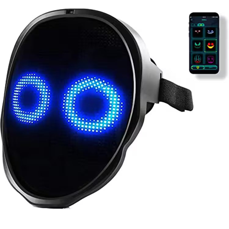 Black LED mask with blue lights and smartphone app interface on a white background