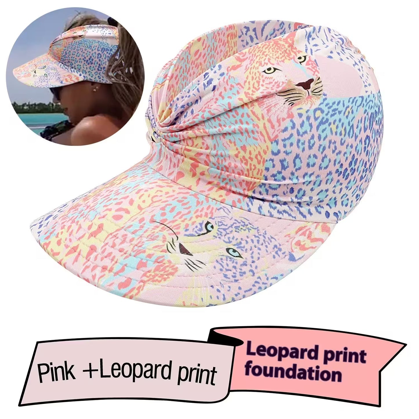 Pink and leopard print visor hat with a person wearing it inset.