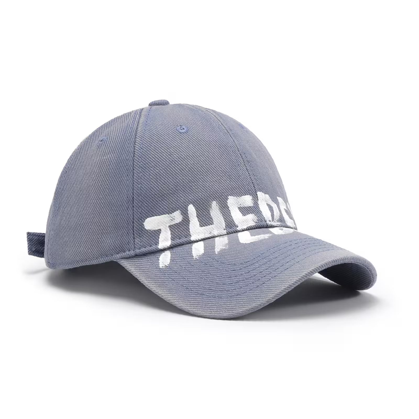 Gray cap with 'THE' printed on it against a white background
