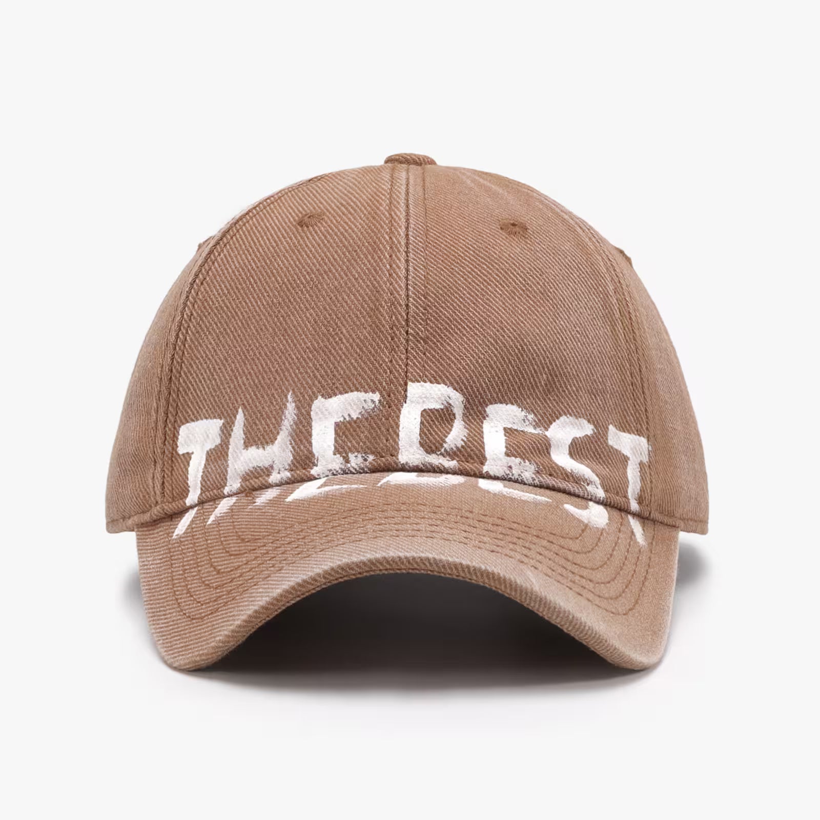 Brown cap with 'THE BEST' text on a white background
