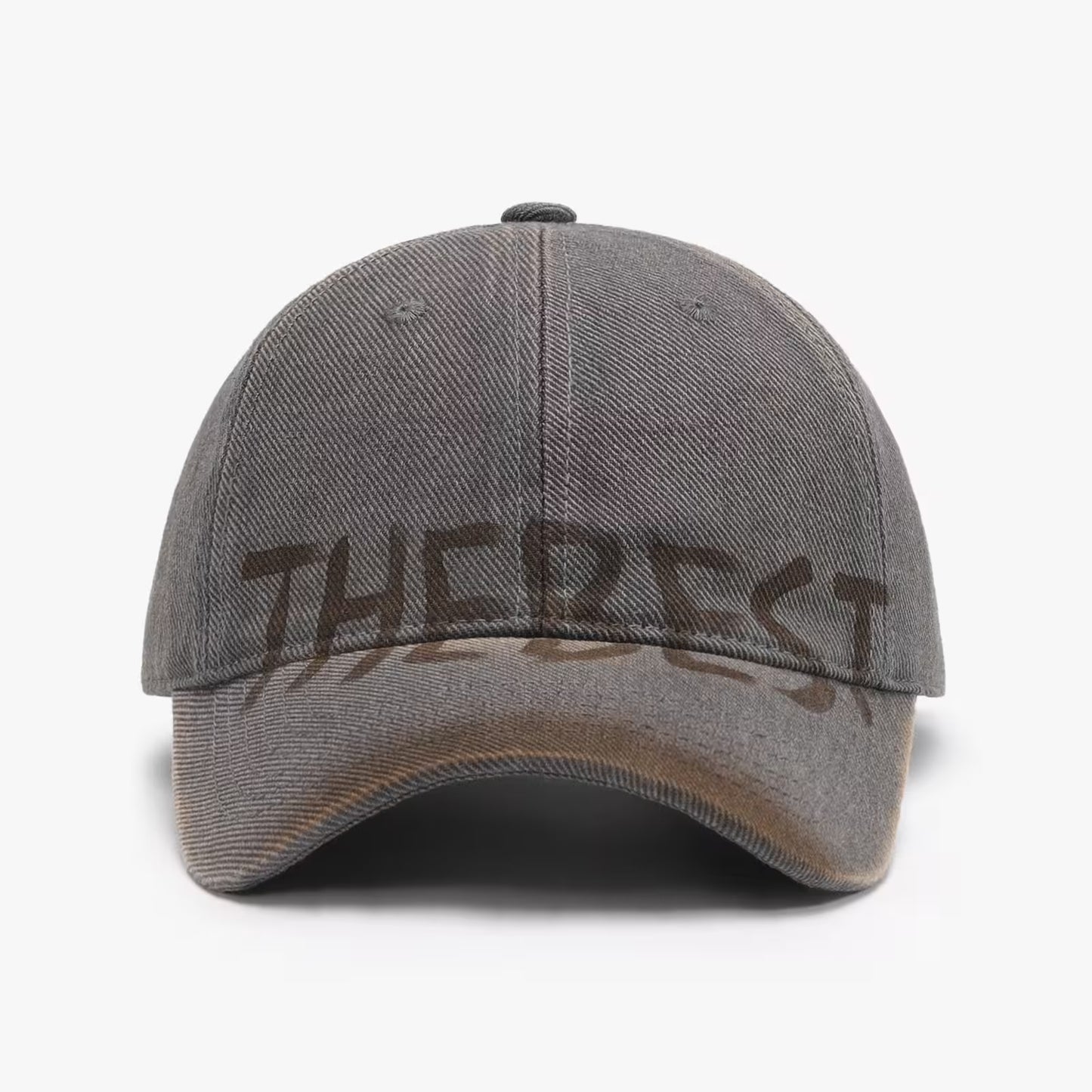 Gray cap with 'THE BEST' text on a white background