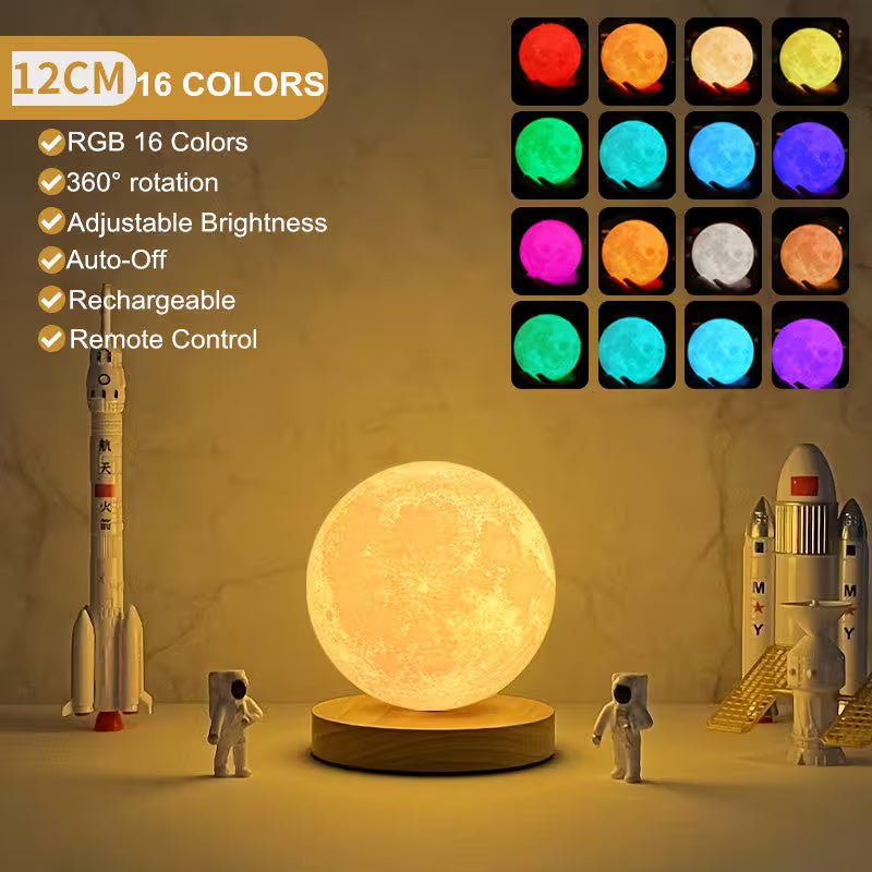 12cm moon lamp with RGB 16 colors, 360° rotation, adjustable brightness, auto-off, rechargeable, and remote control features.