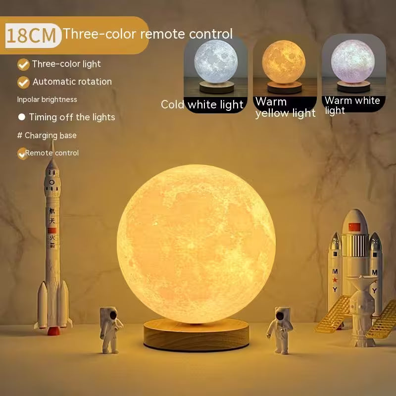 Three-color remote control moon lamp with three different light settings on a decorative background.