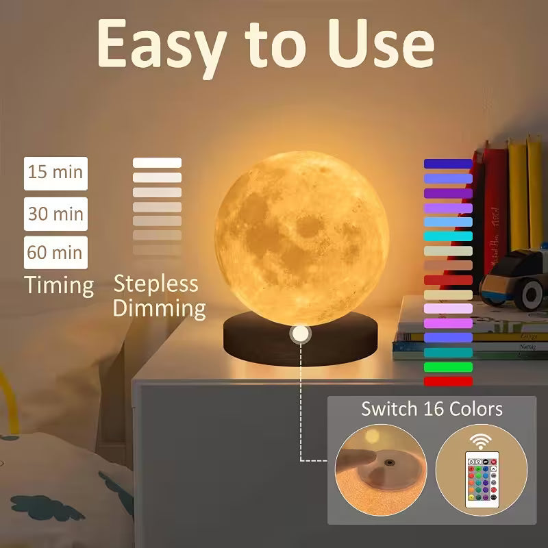 Moon lamp with dimming and color switching features on a nightstand.
