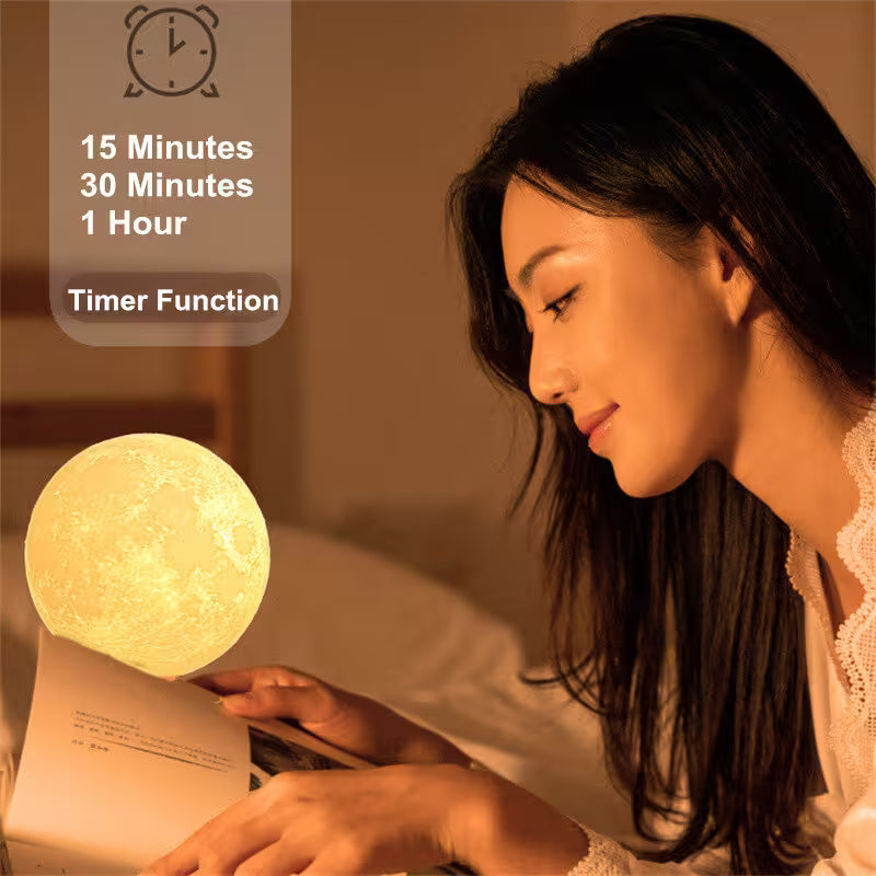 Woman reading a book with a glowing moon-shaped lamp next to her, featuring a timer function display.