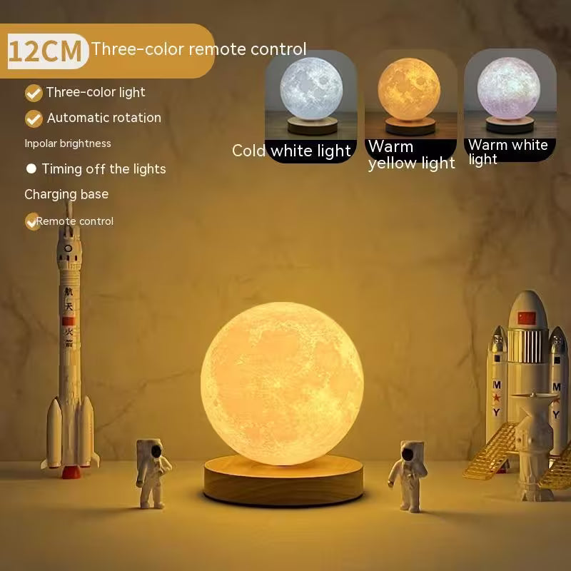 Moon lamp with remote control, three-color light options, and space-themed decor.