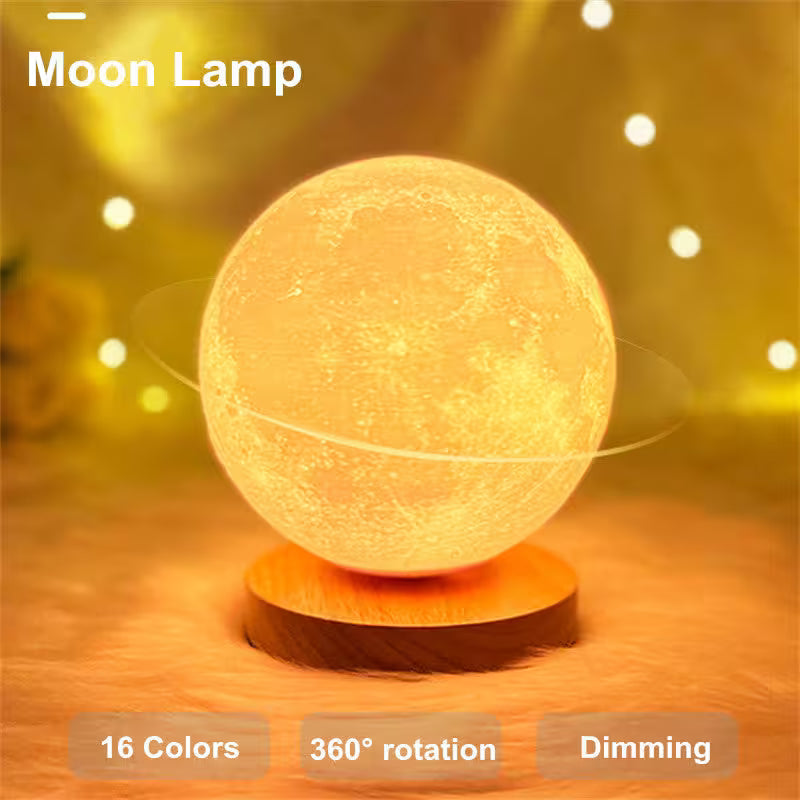 Moon lamp with 16 color options, 360-degree rotation, and dimming feature on a wooden base.