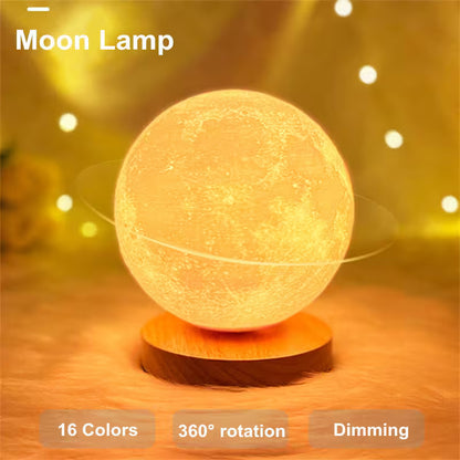 Moon lamp with 16 color options, 360-degree rotation, and dimming feature on a wooden base.